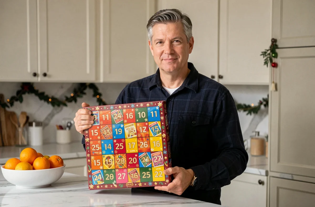 Homme tenant un calendrier de l'avent FDJ 2026 dans une cuisine moderne, idée de cadeau à commander en ligne pour les fêtes