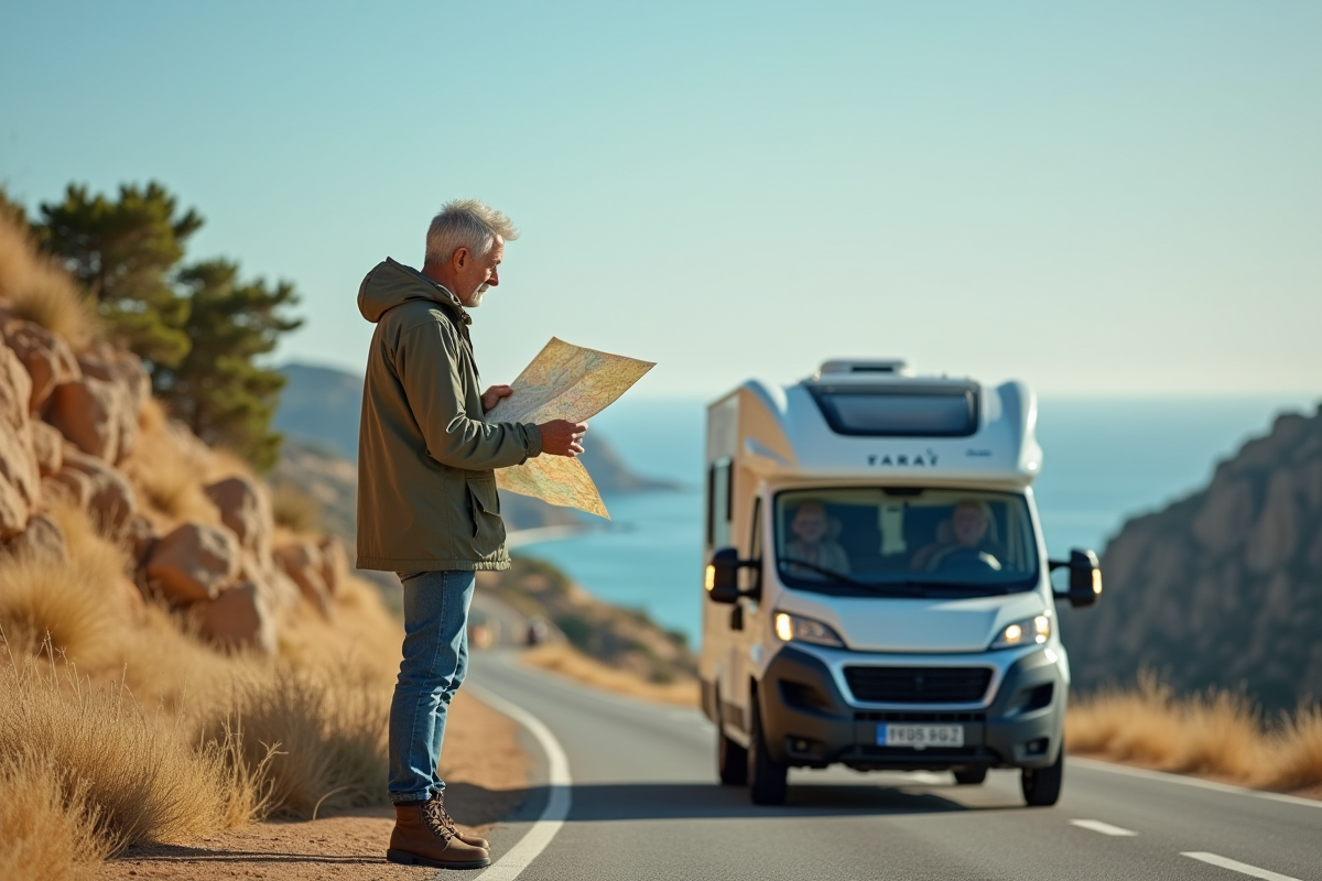 Homme déployant une carte sur un van en bord de mer en Europe
