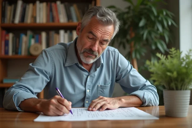 Homme d'âge moyen étudie un mots croises à la maison