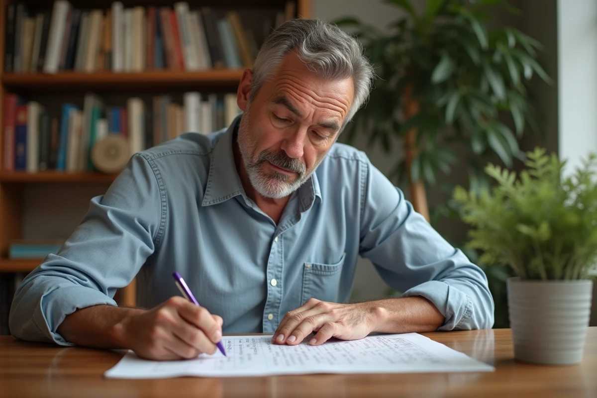 Homme d'âge moyen étudie un mots croises à la maison