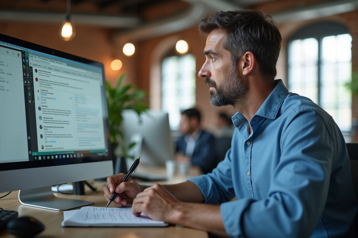 Homme en espace de coworking comparant une traduction générée par intelligence artificielle avec ses notes manuscrites