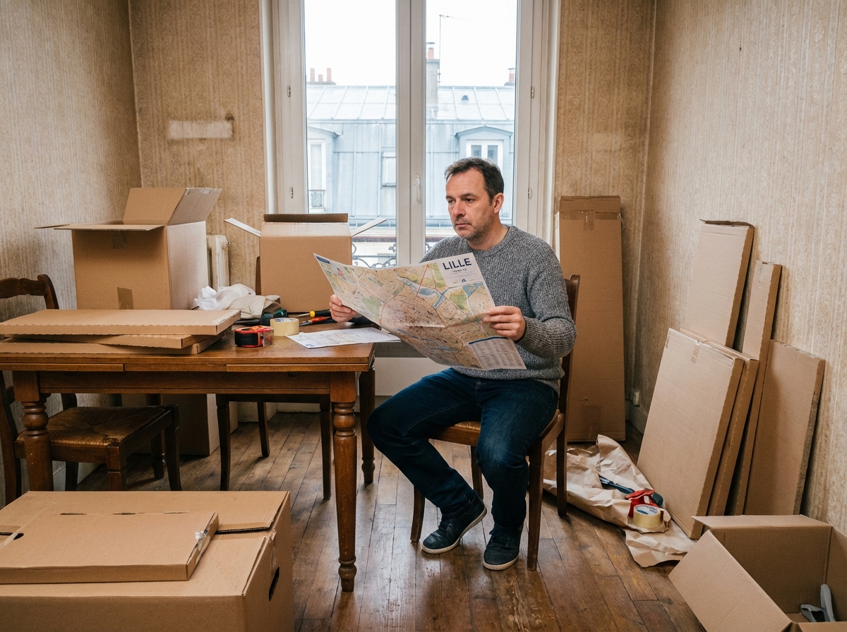 Homme réfléchissant avec plan dans un appartement à Lille