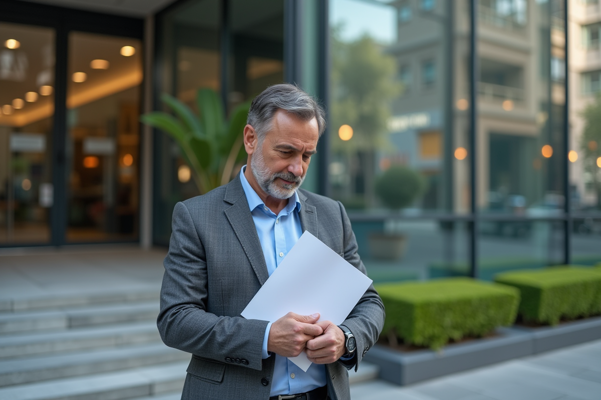 Homme d affaires devant une banque avec un contrat de prêt