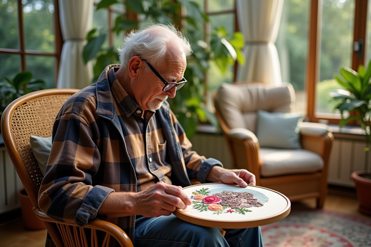 Homme âgé examinant une œuvre de broderie diamant dans un salon