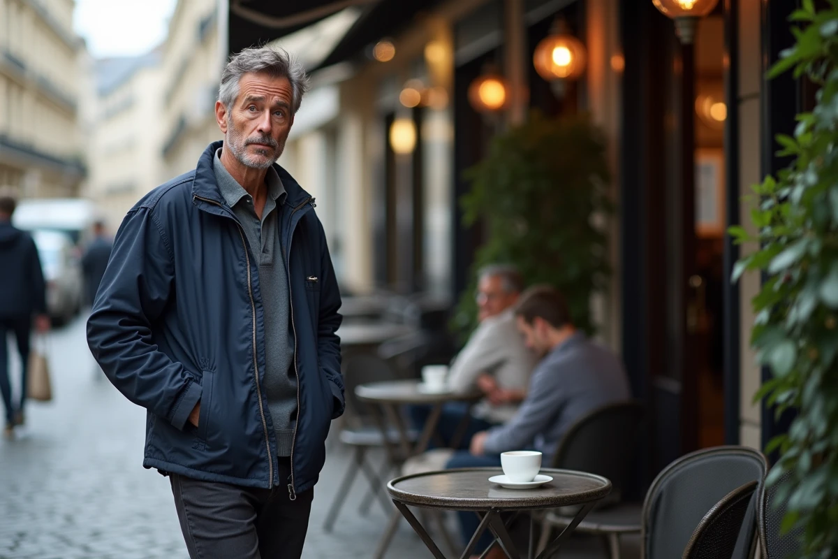 Homme surpris par un son dans une rue parisienne, illustrant le concept d'entendre de façon passive en français
