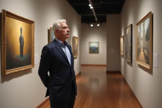 Homme d'âge moyen examinant une peinture dans une galerie d'art