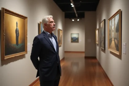 Homme d'âge moyen examinant une peinture dans une galerie d'art