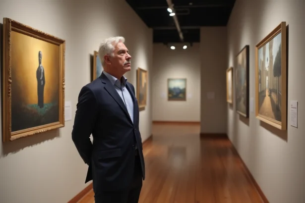 Homme d'âge moyen examinant une peinture dans une galerie d'art