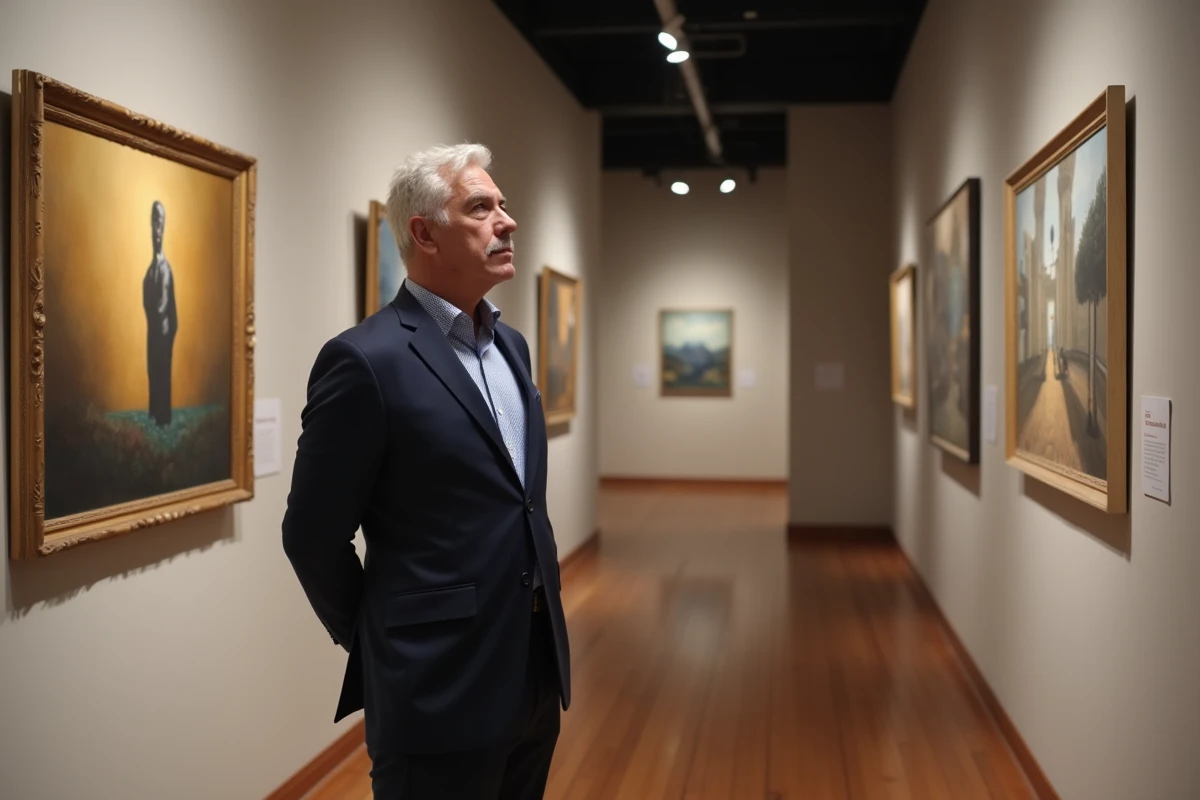 Homme d'âge moyen examinant une peinture dans une galerie d'art