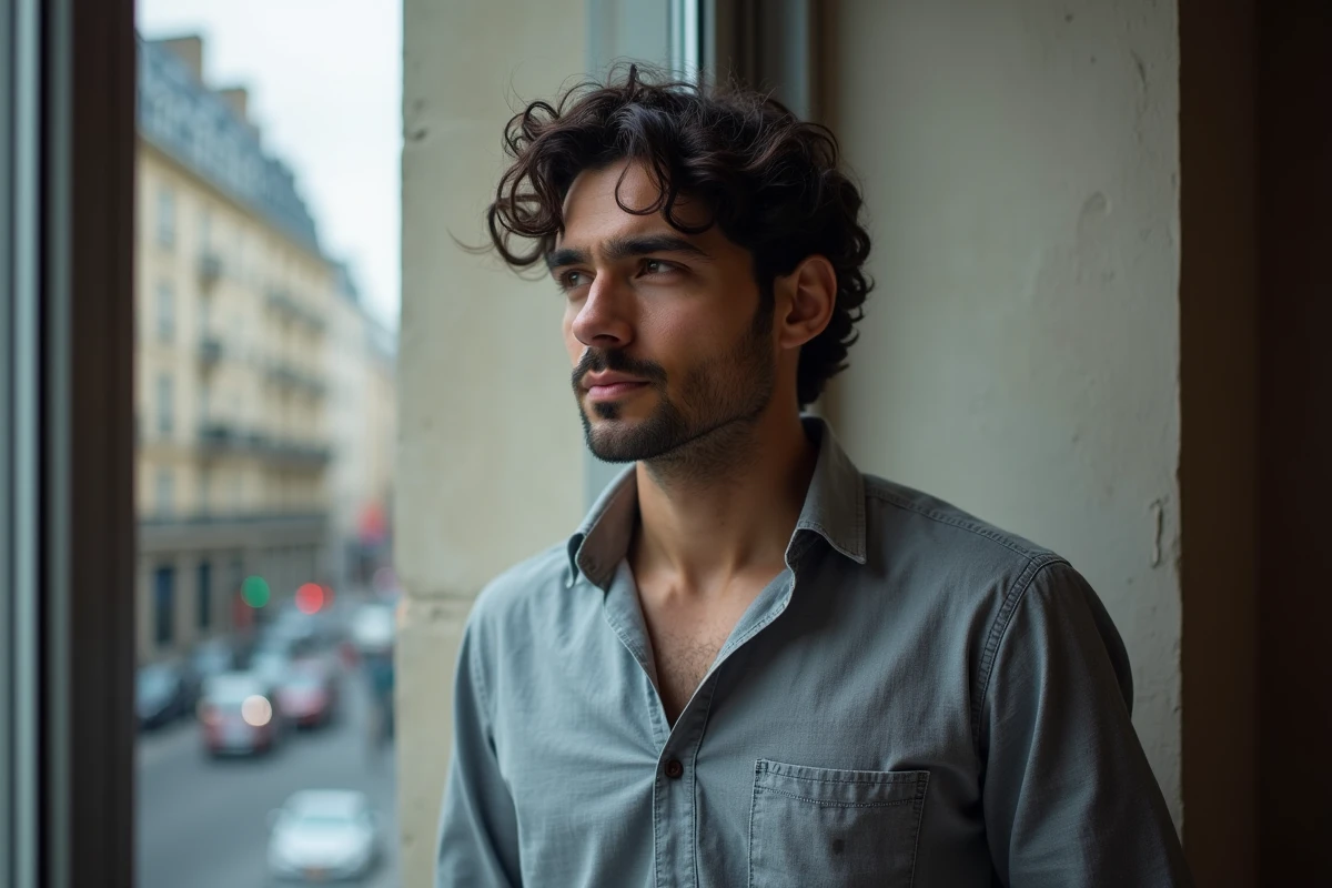 Homme aux origines méditerranéennes debout près d'une fenêtre avec vue sur Paris, évoquant l'identité culturelle et le parcours personnel