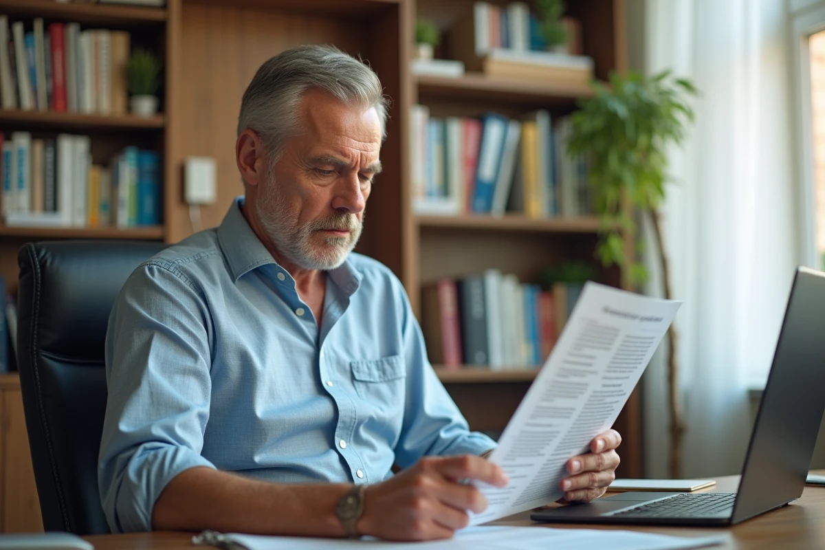 Homme lisant un guide de grammaire dans un bureau lumineux