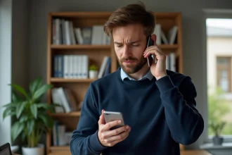 Homme consultant sa messagerie vocale sur smartphone dans un bureau à domicile
