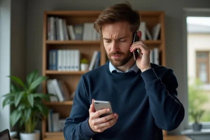 Homme consultant sa messagerie vocale sur smartphone dans un bureau à domicile