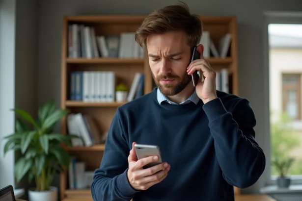 Homme consultant sa messagerie vocale sur smartphone dans un bureau à domicile