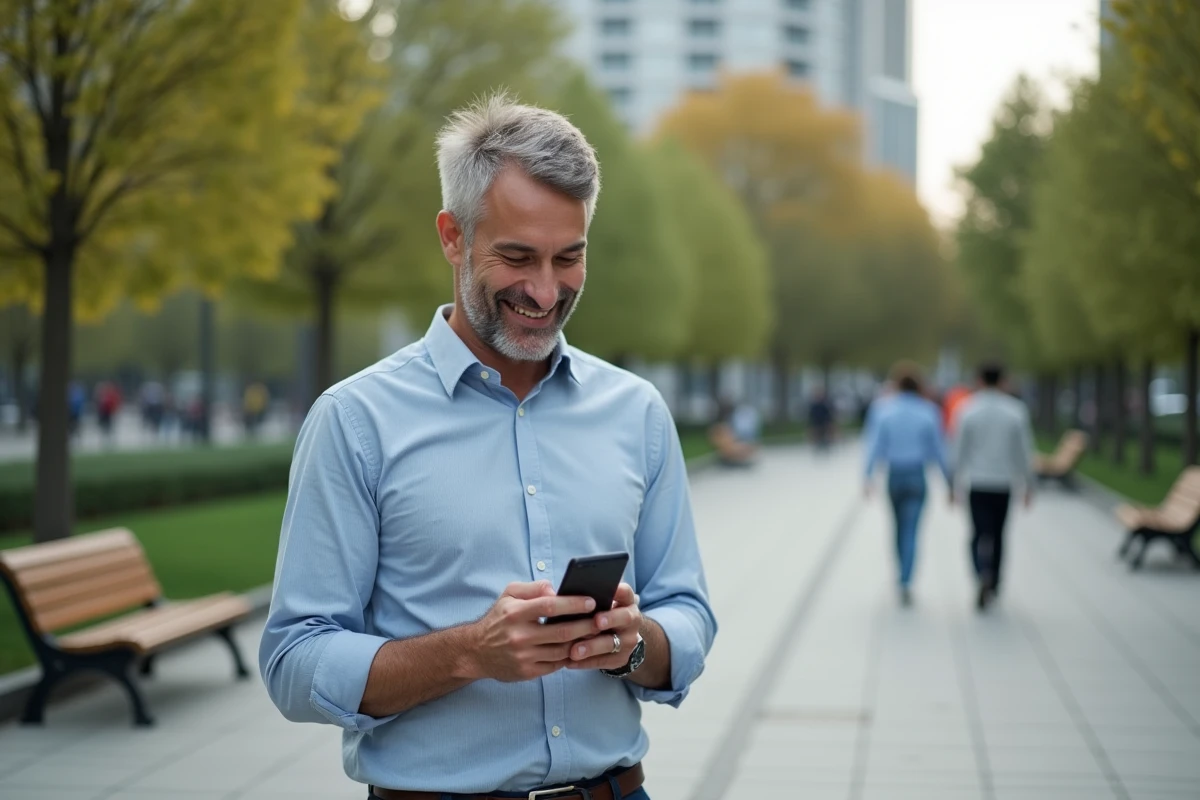 Homme dans un parc urbain utilisant son téléphone