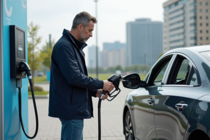 Homme au station hydrogene en ville avec voiture