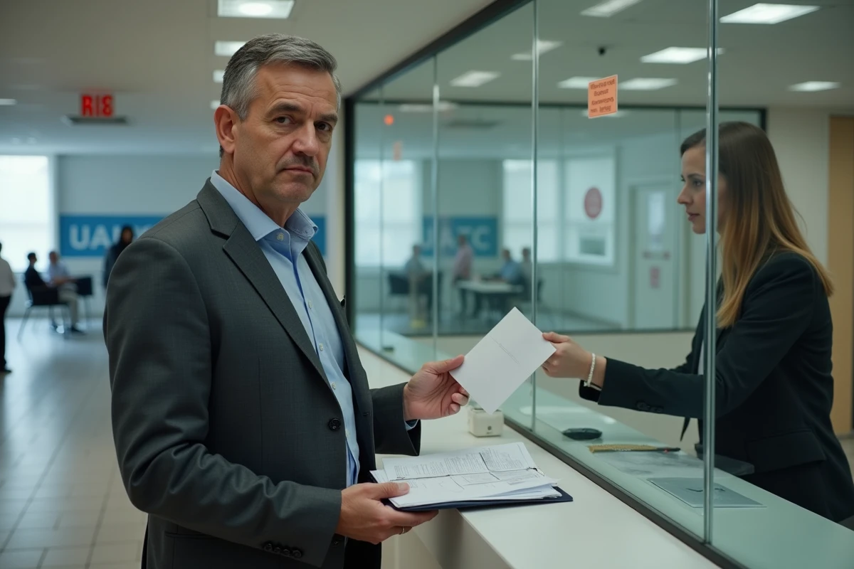 Homme remet un dossier organisé à un agent administratif