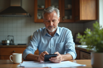 Homme d'âge moyen vérifiant des documents fiscaux à la maison