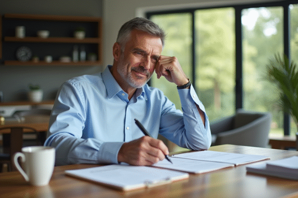 Homme d'âge moyen vérifiant ses documents dans une cuisine