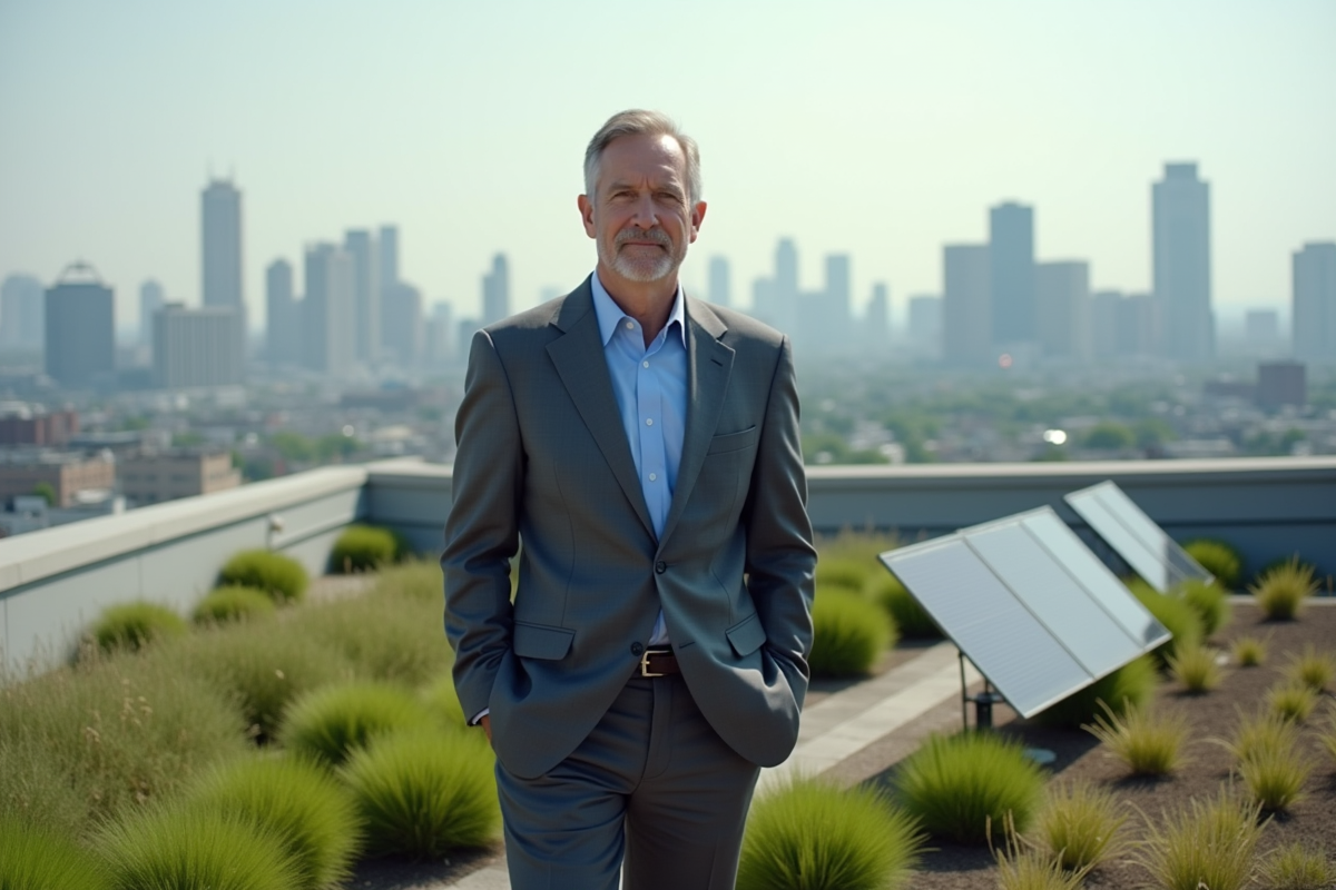 Homme d affaires sur un toit avec vue sur la ville