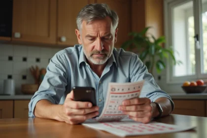 Homme d'âge moyen vérifiant les résultats Keno à la maison