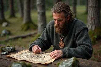 Homme barbu avec pendentif vegvisir en nature