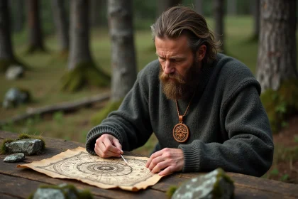 Homme barbu avec pendentif vegvisir en nature