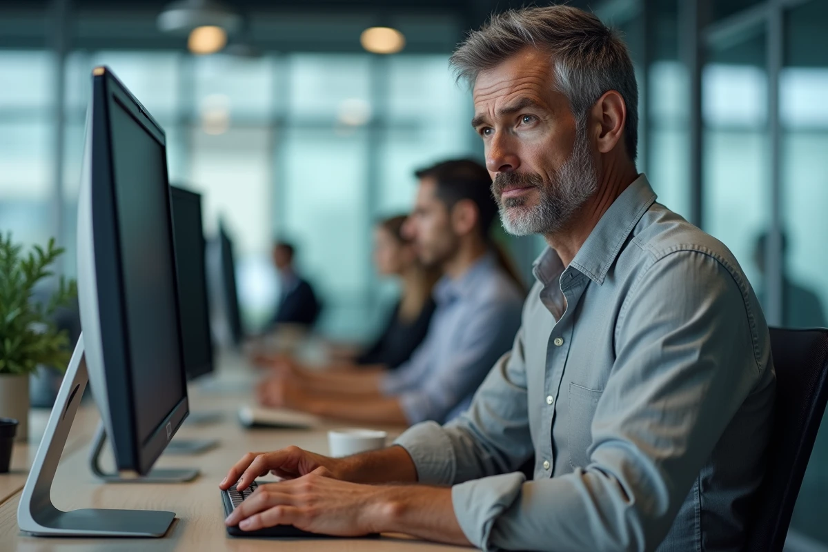 Homme vérifiant l'orthographe d'un mail professionnel sur son ordinateur de bureau en open space
