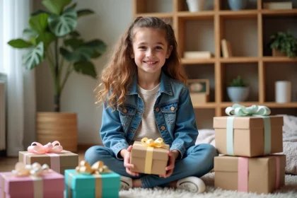 Adolescente de 16 ans entourée de cadeaux colorés dans une chambre cosy, illustrant les idées cadeaux pour anniversaire de 16 ans