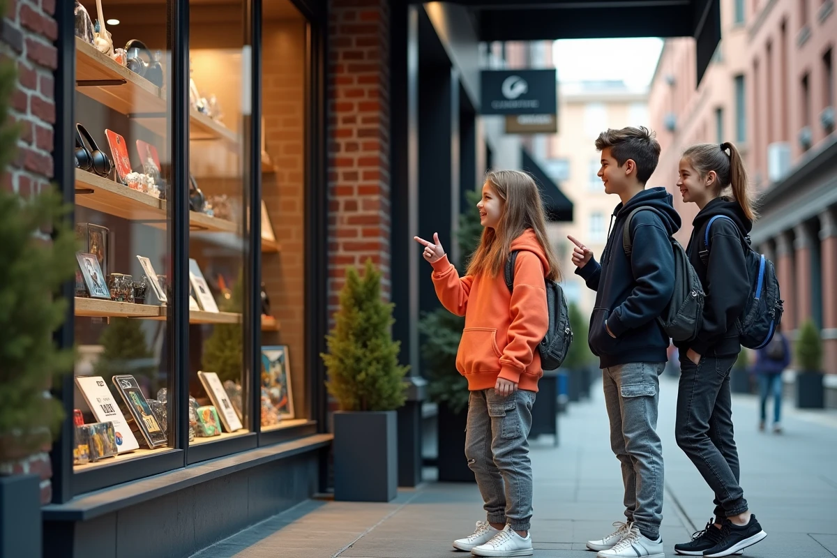 Groupe d'adolescents devant une vitrine de cadeaux tendance pour les 16 ans, explorant des idées de cadeaux variés en ville