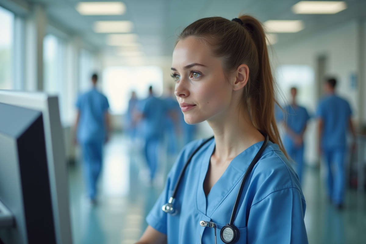 Infirmière en blouse bleue vérifiant des dossiers dans un hôpital