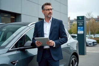 Ingénieur automobile homme avec voiture électrique moderne