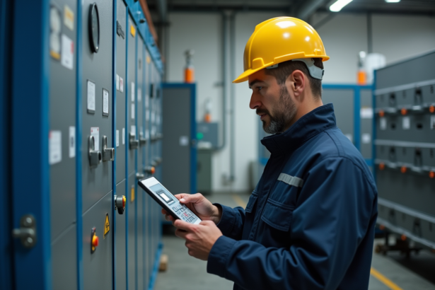 Ingénieur en veste de travail vérifiant une grande batterie industrielle