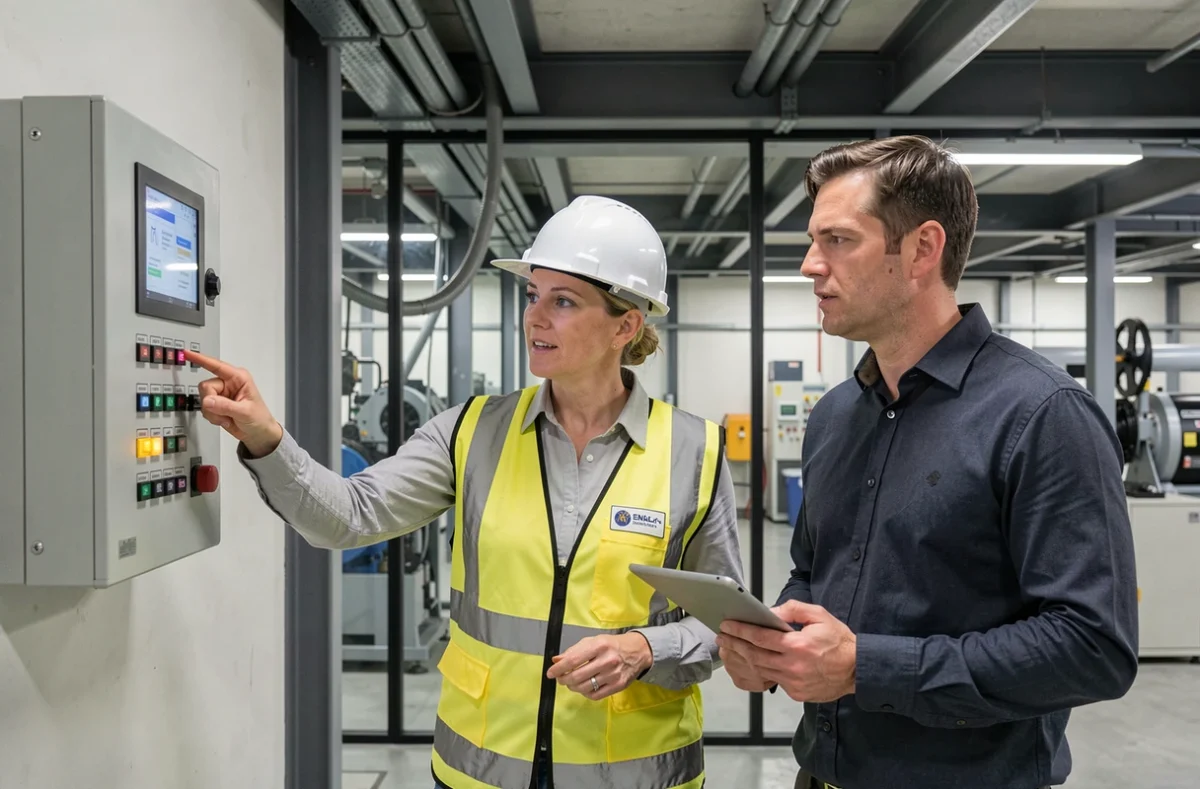 Ingénieure et technicien discutant du choix d'un relais temporisé devant un tableau d'automatisme industriel