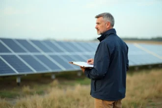 Inspecteur écologique observant des panneaux solaires en plein air