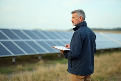 Inspecteur écologique observant des panneaux solaires en plein air