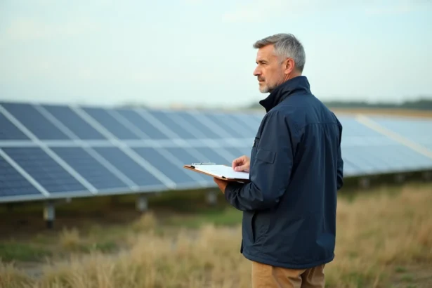 Inspecteur écologique observant des panneaux solaires en plein air