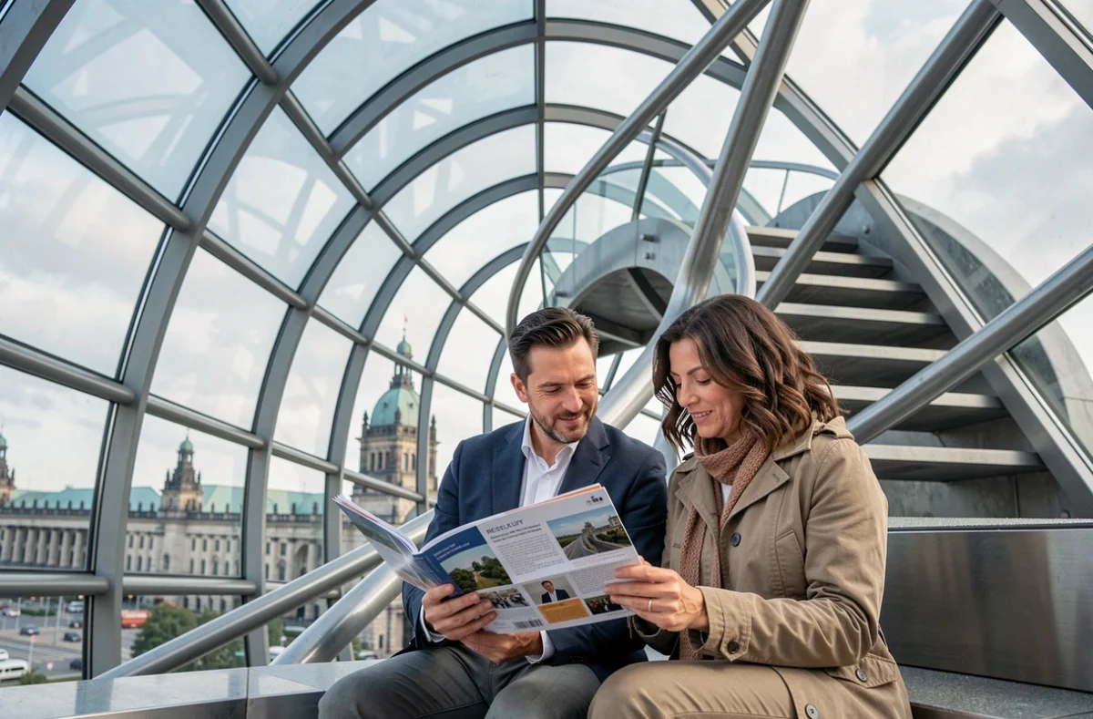 Couple de touristes à l'intérieur de la coupole en verre du Reichstag de Berlin