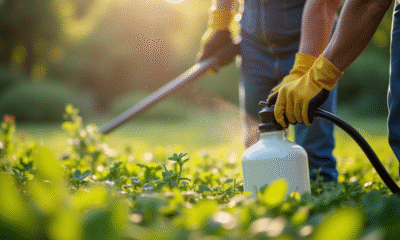 Personne en jardin utilisant des gants pour pulvériser des mauvaises herbes