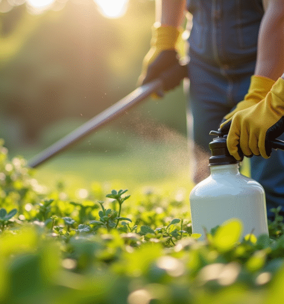 Personne en jardin utilisant des gants pour pulvériser des mauvaises herbes