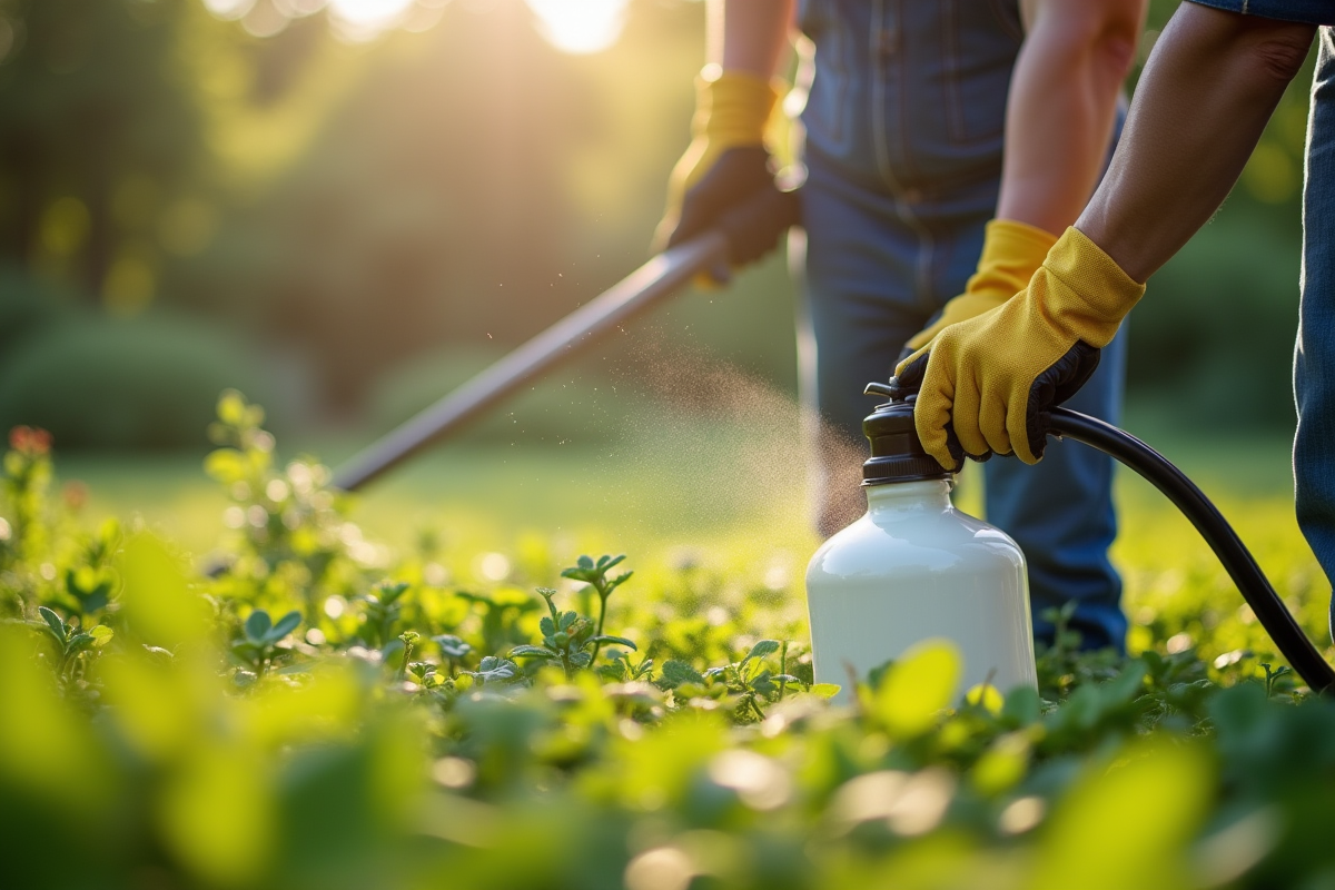 Personne en jardin utilisant des gants pour pulvériser des mauvaises herbes