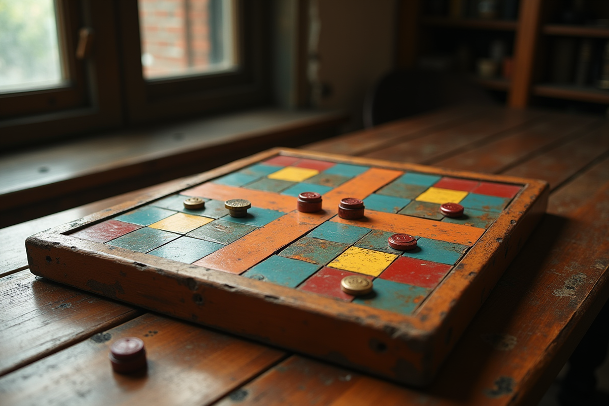 Ancien jeu de goé en bois avec pièces colorées sur une table