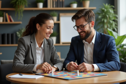 Deux personnes jouent à un jeu de société en bureau moderne
