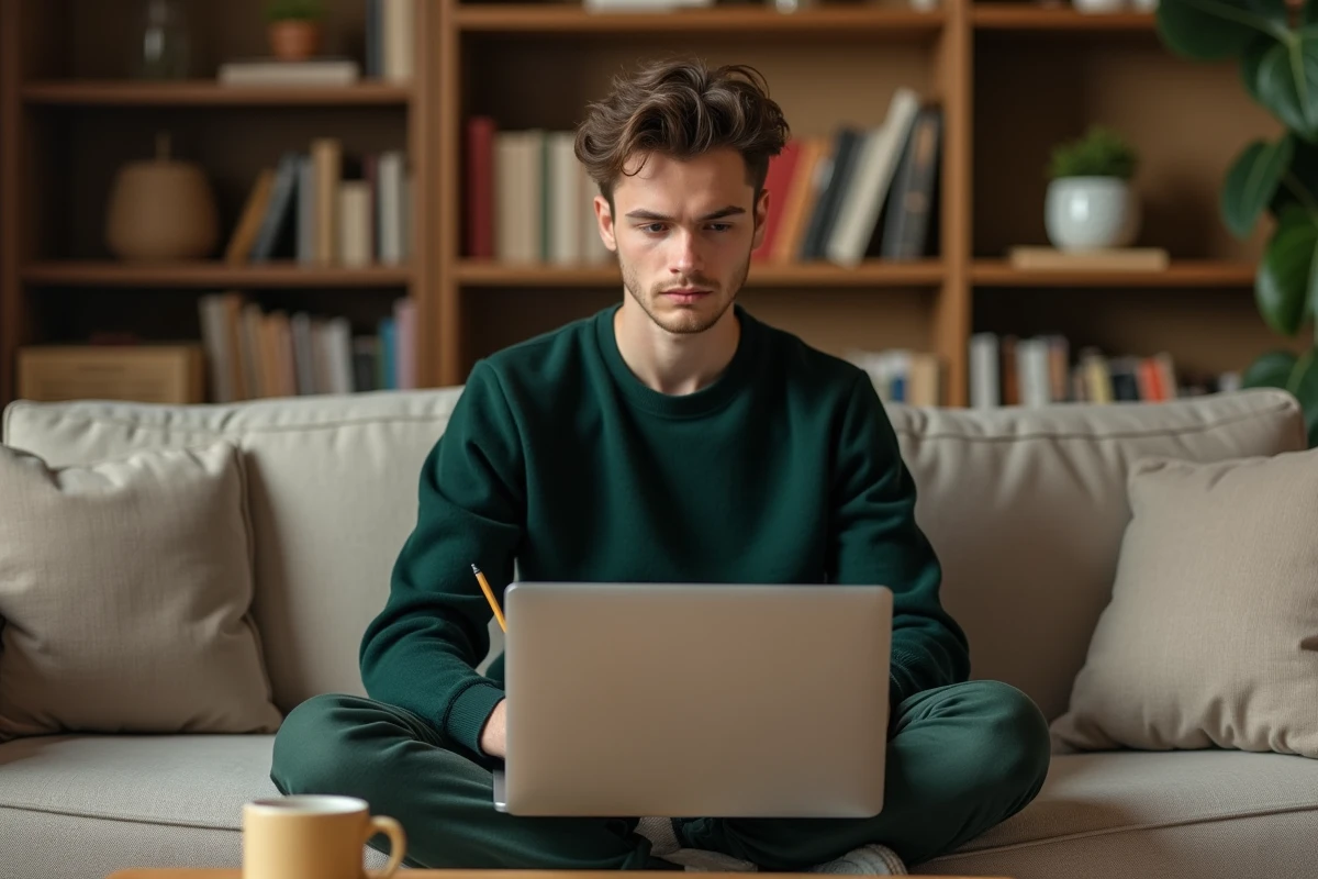 Jeune adulte corrigeant une faute d'orthographe sur son CV ou mail depuis son canapé avec un ordinateur portable