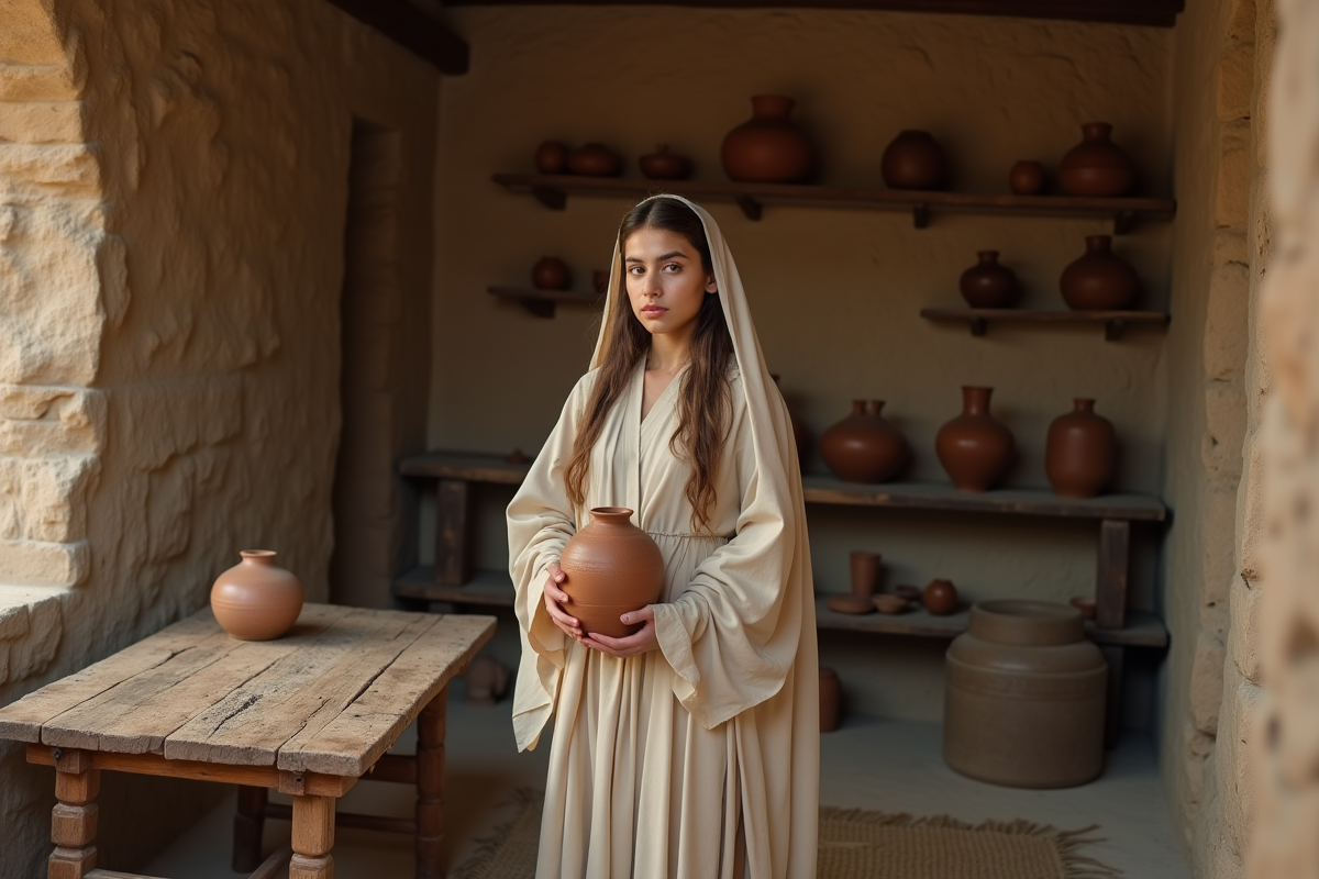 Jeune femme méditerranéenne tenant un pot en terre cuite