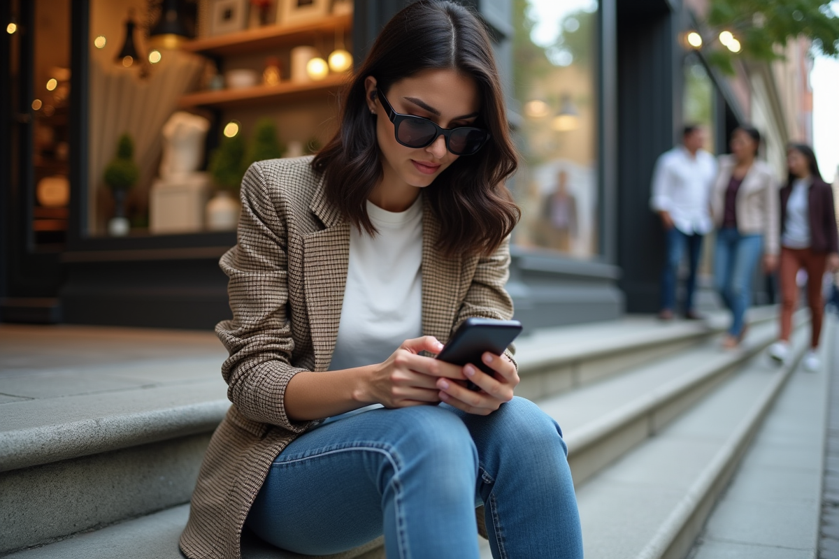 Jeune femme stylée sur les marches d'une boutique urbaine