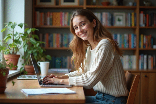 Jeune femme travaillant à son bureau à la maison