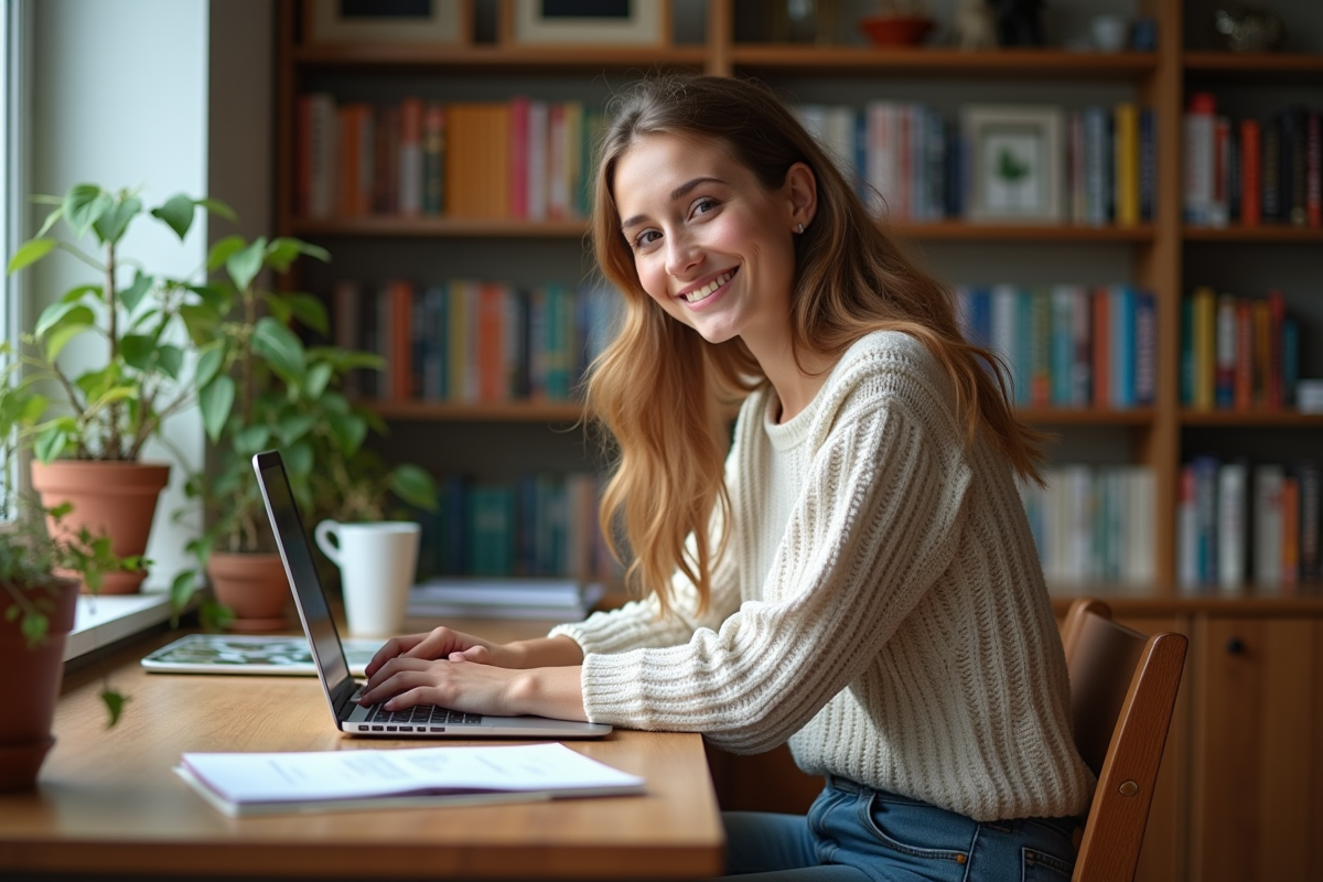 Jeune femme travaillant à son bureau à la maison