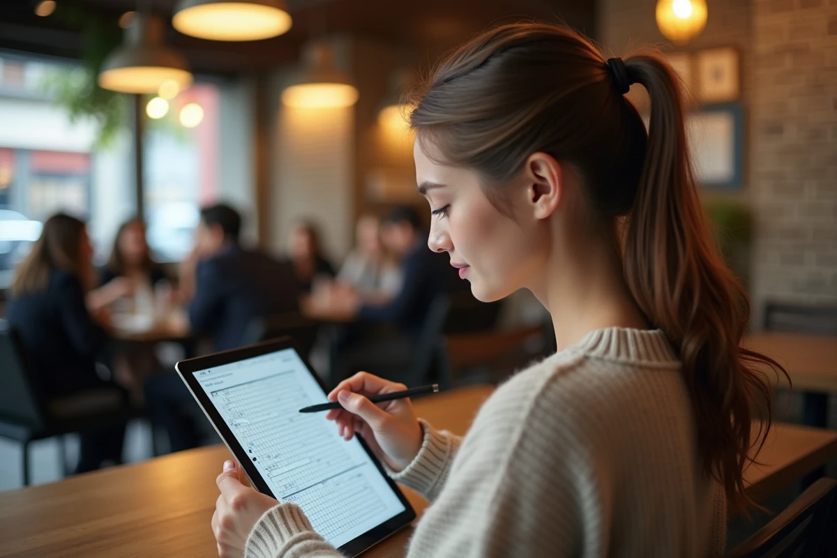 Jeune femme résout un mots croises sur tablette au café