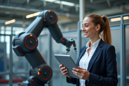 Jeune femme ingénieur examinant un bras robotique futuriste